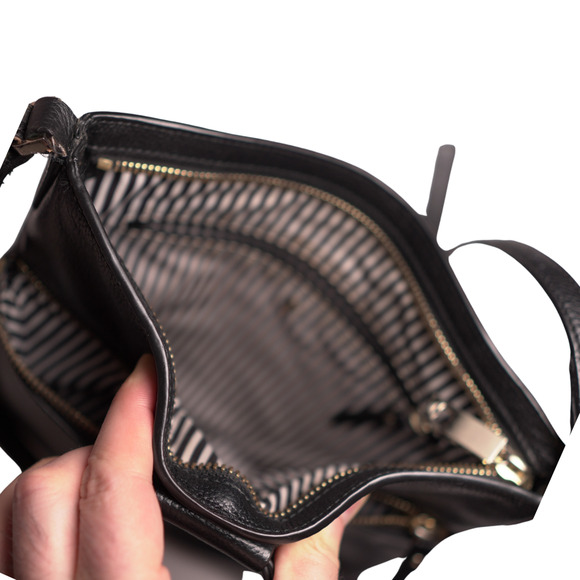 Kate Spade Black Leather Slim Crossbody Bow Detail Gold Hardware Stripe Lining - Picture 6 of 10